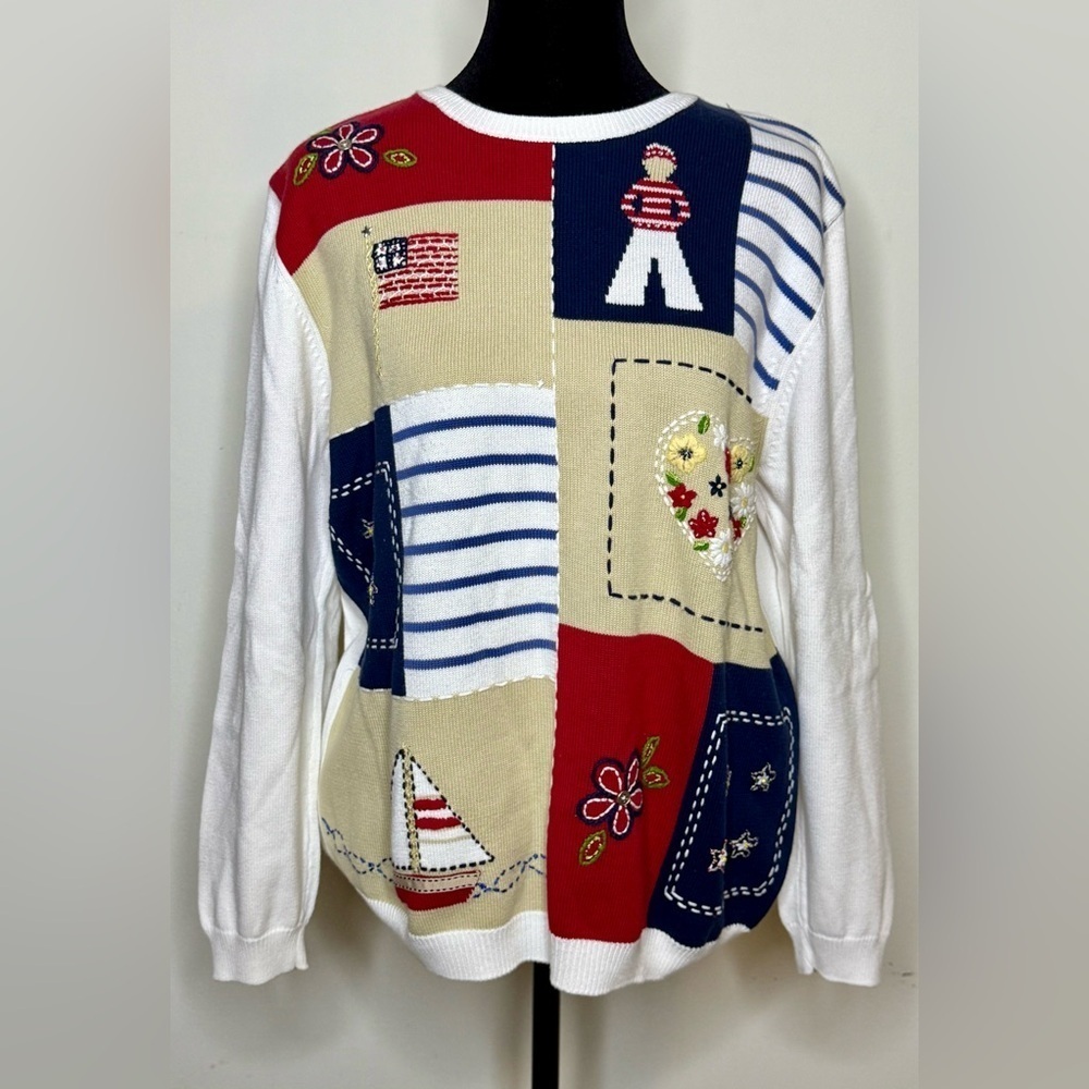 Alfred Dunner preppy Americana patriotic sweater 4th of July cotton size Med